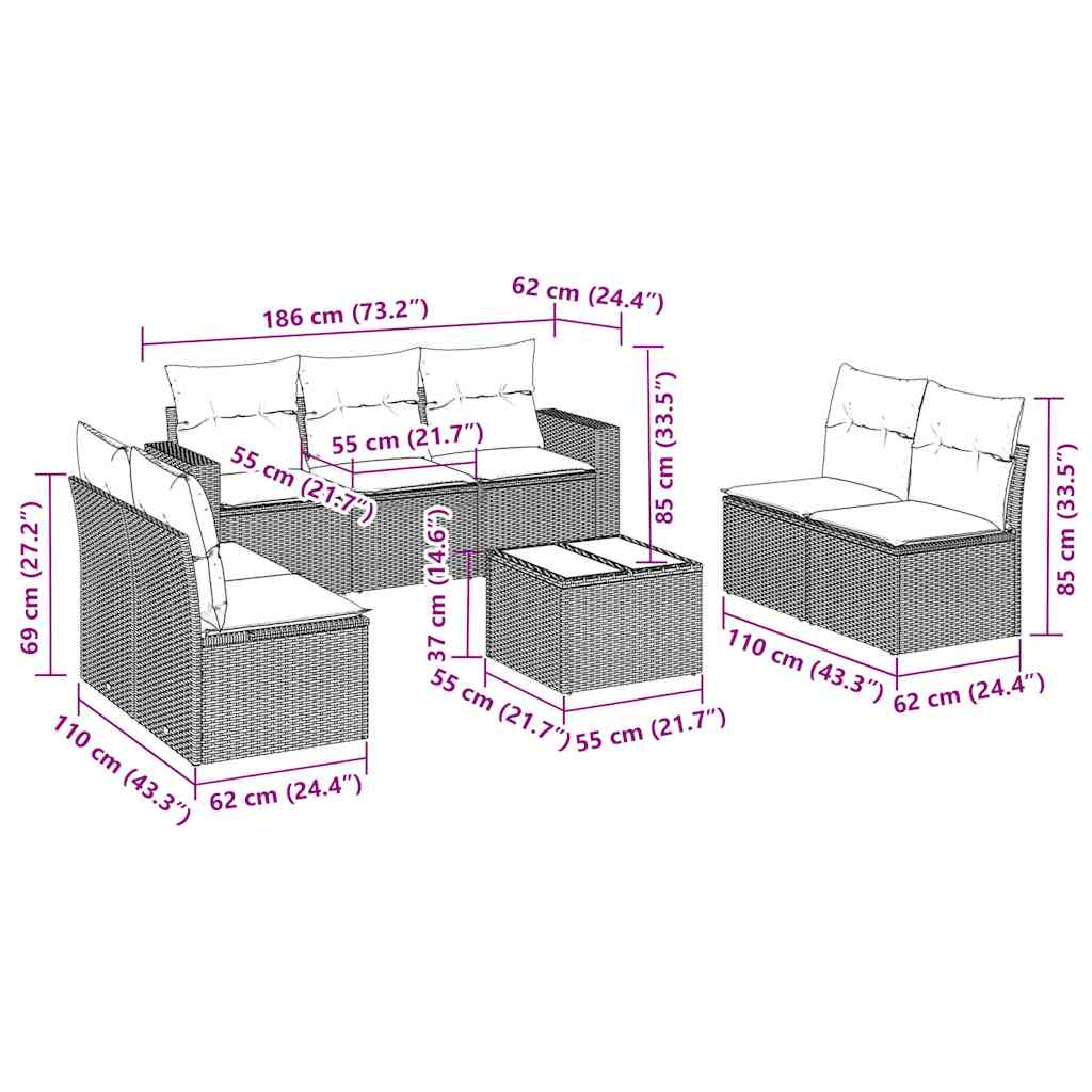 8-dijelni set vrtnih sofa od poliratana s jastucima crni