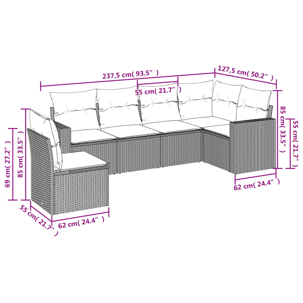 6-dijelni set vrtnih sofa od poliratana s jastucima sivi