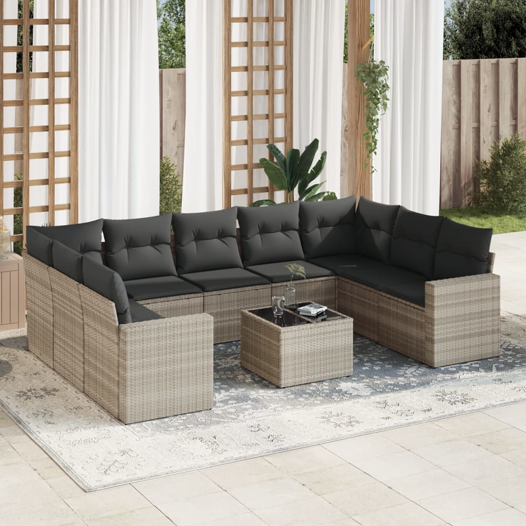 10-dijelni set vrtnih sofa poliratan s jastucima svijetlosivi