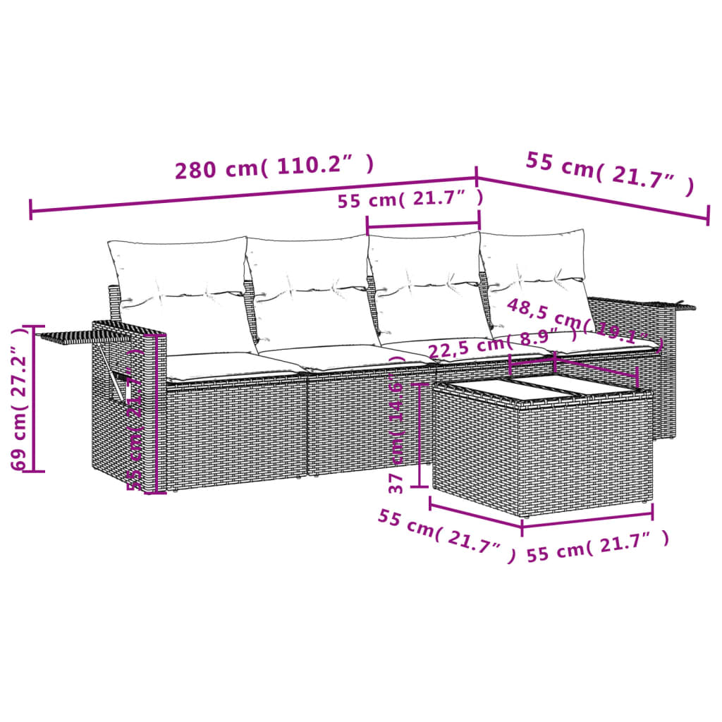 5-dijelni vrtni set sofa s jastucima bež od poliratana