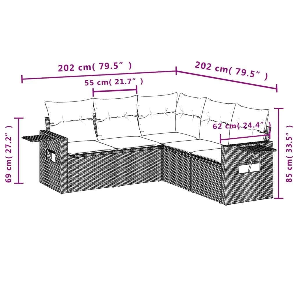 5-dijelni set vrtnih sofa s jastucima poliratan smeđi