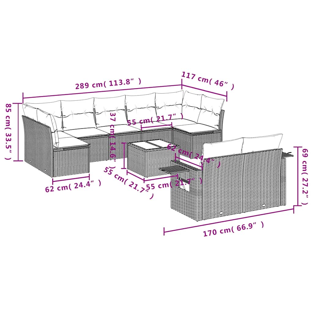 10-dijelni set vrtnih sofa s jastucima crni od poliratana