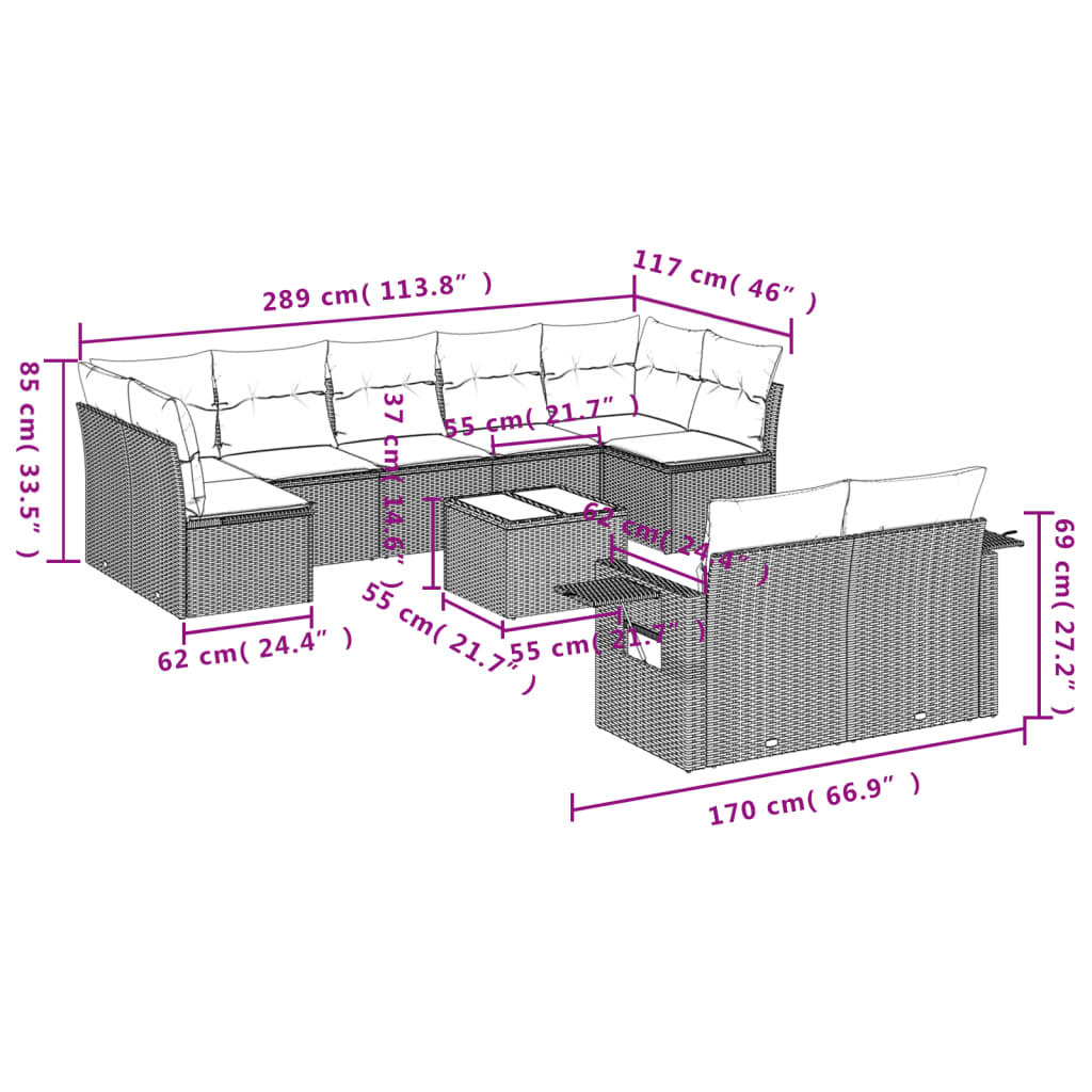 10-dijelni set vrtnih sofa s jastucima crni od poliratana