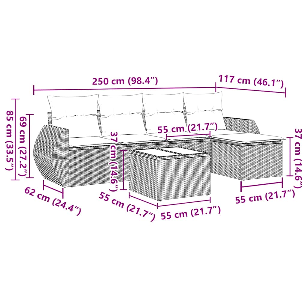 6-dijelni set vrtnih sofa s jastucima crni od poliratana