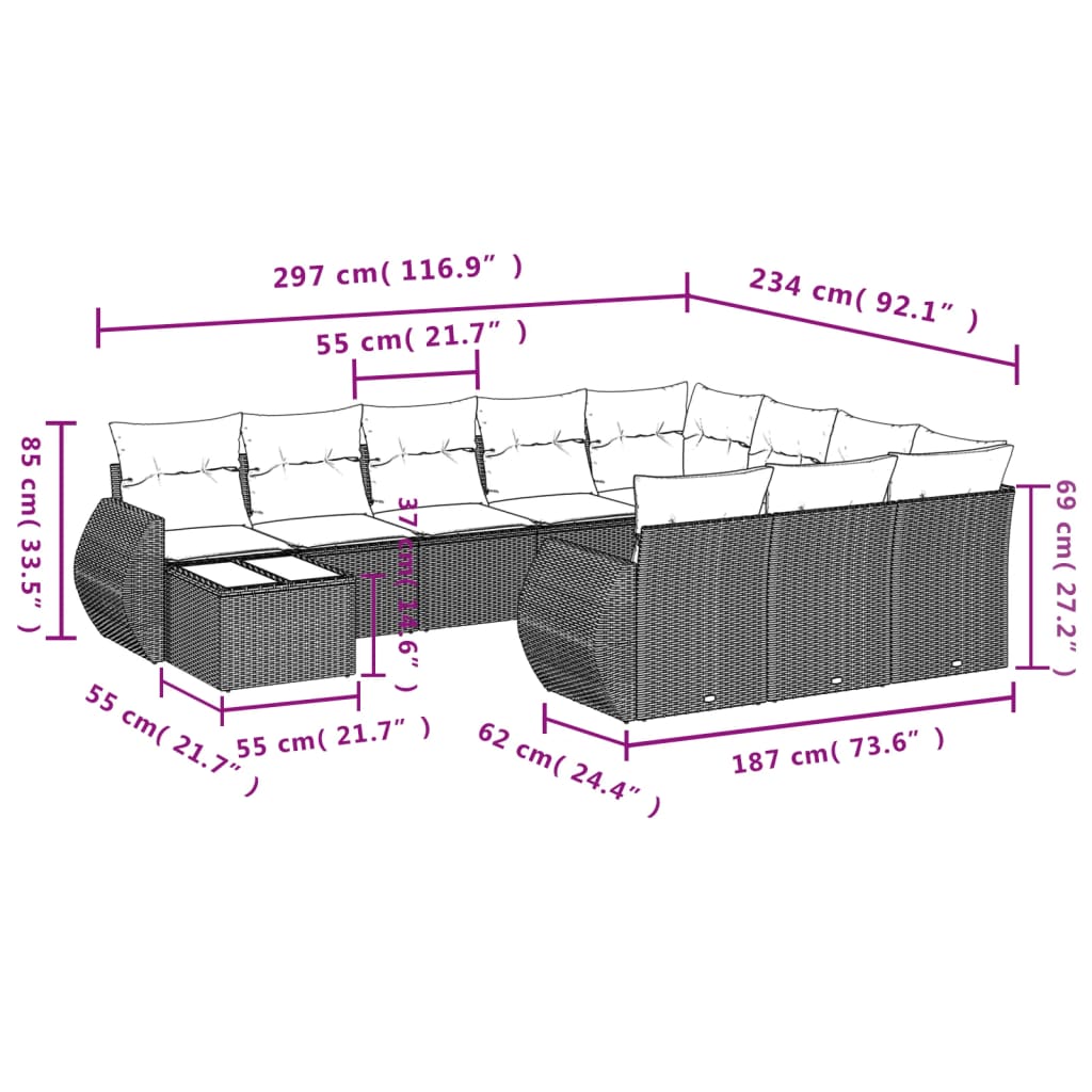11-dijelni set vrtnih sofa od poliratana s jastucima crni