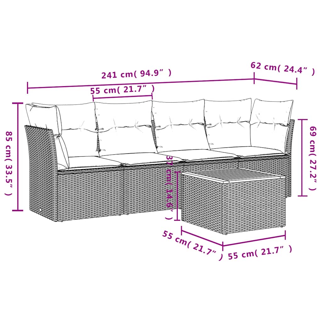 5-dijelni set vrtnih sofa od poliratana s jastucima sivi