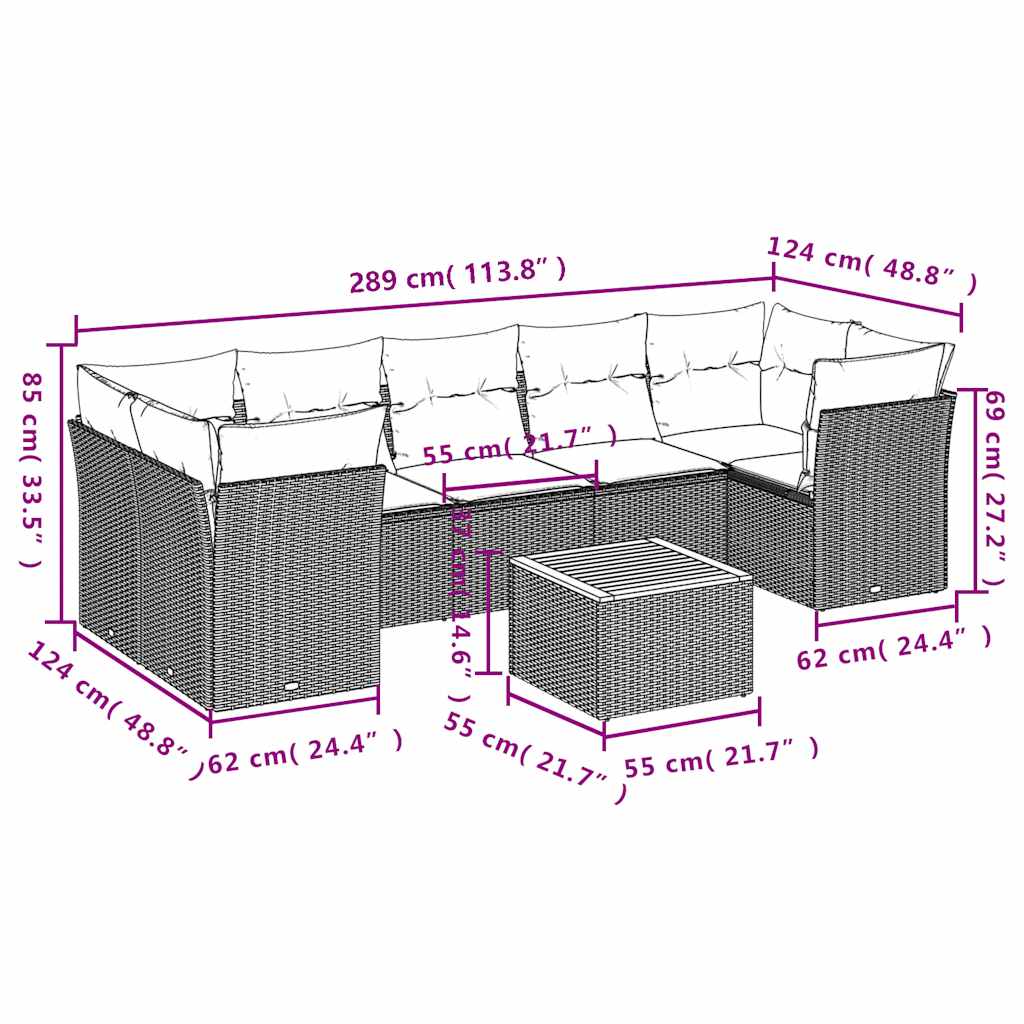 8-dijelni set vrtnih sofa od poliratana s jastucima crni Crna 62 x 62 x 69 cm