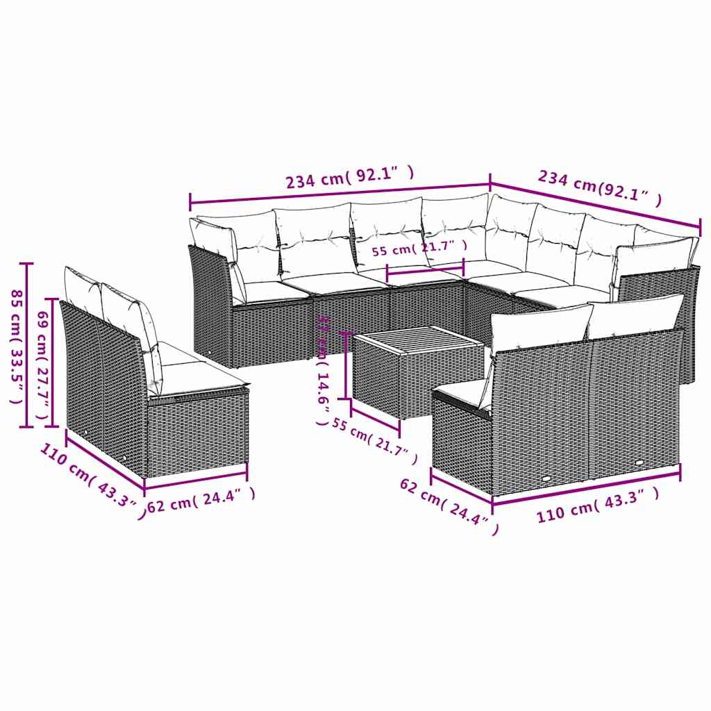 12-dijelni set vrtnih sofa od poliratana s jastucima crni