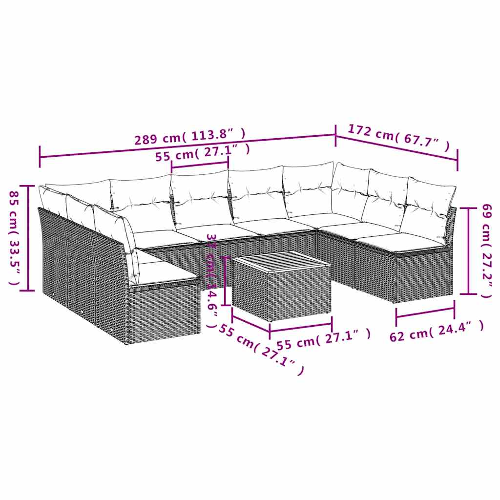 10-dijelni set vrtnih sofa od poliratana s jastucima sivi