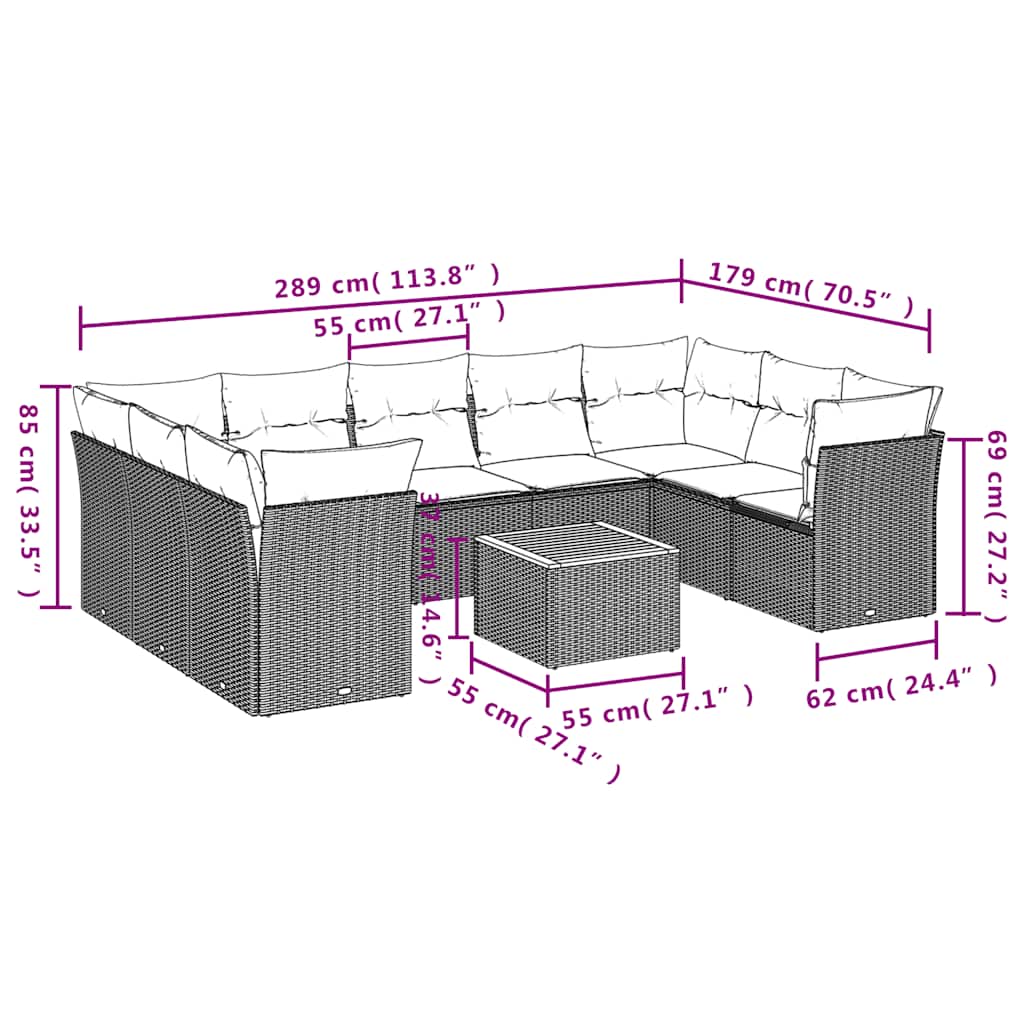 10-dijelni set vrtnih sofa s jastucima crni od poliratana