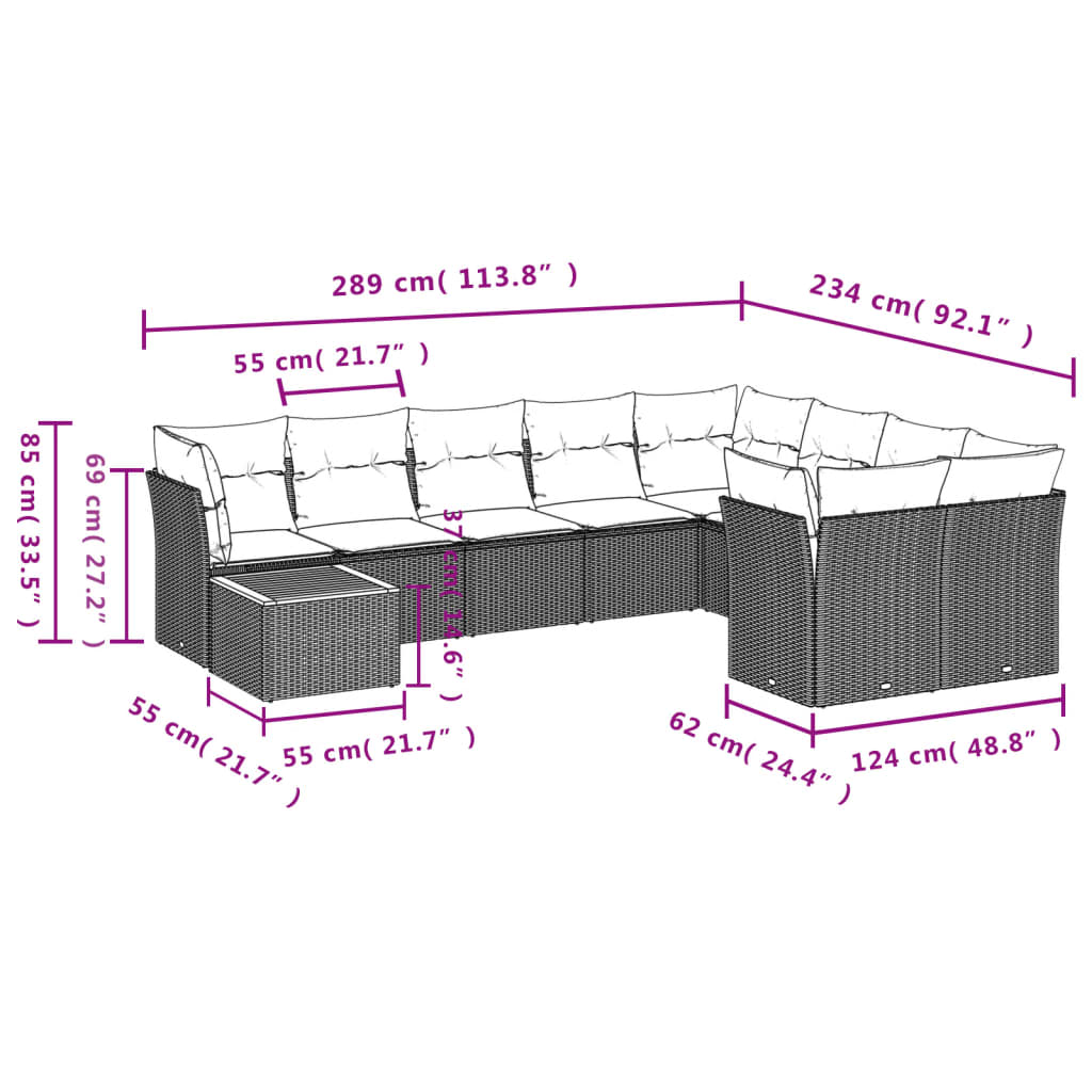 10-dijelni set vrtnih sofa od poliratana s jastucima crni