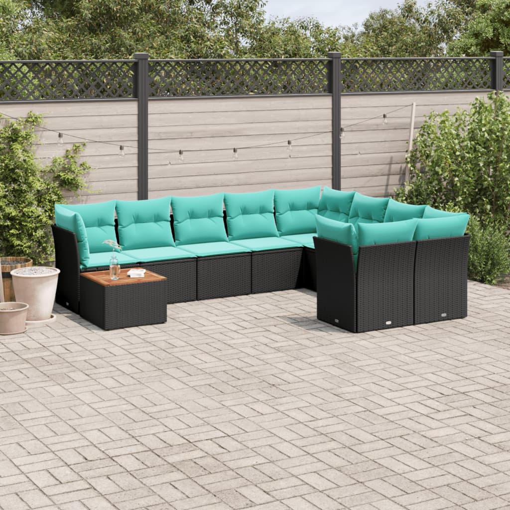 10-dijelni set vrtnih sofa od poliratana s jastucima crni