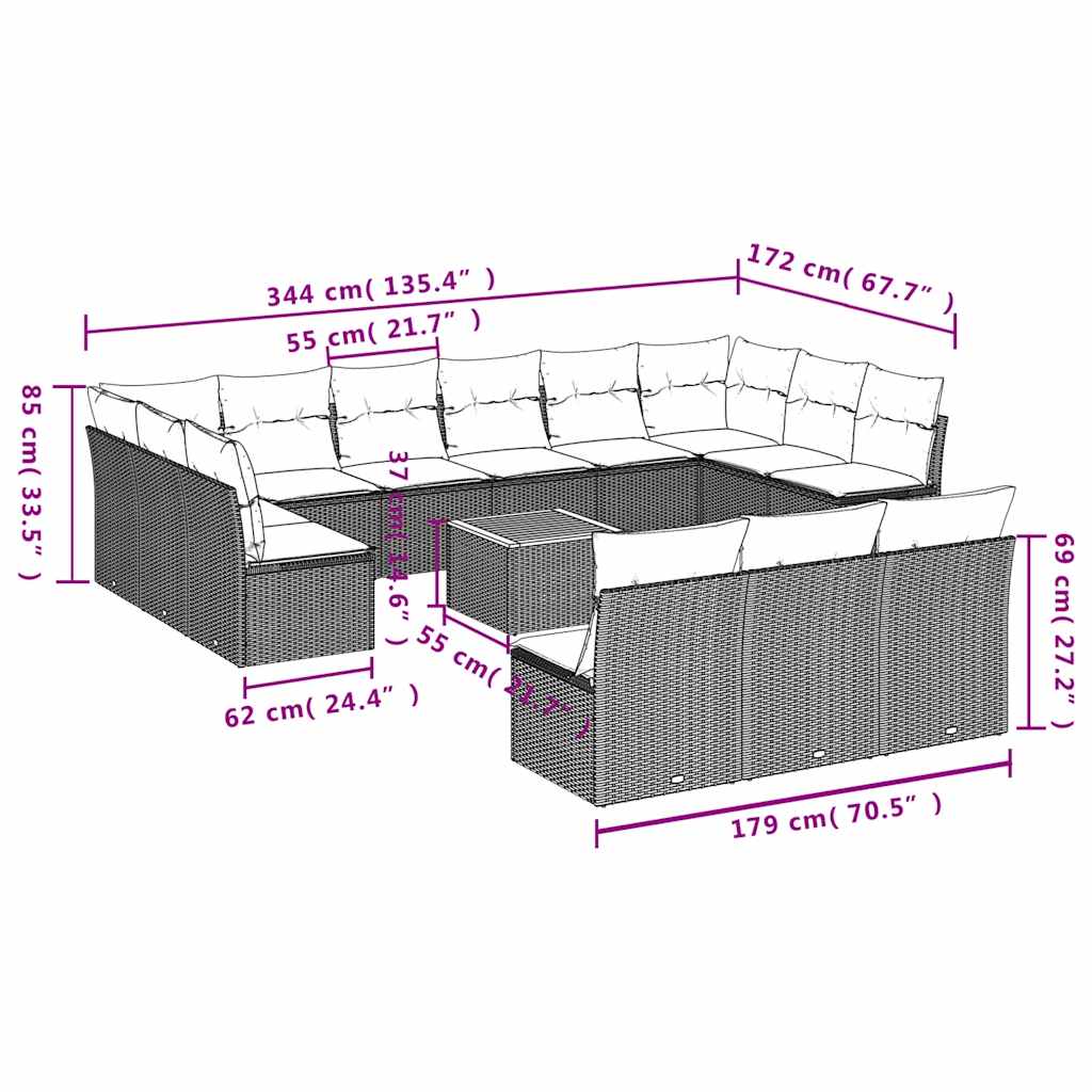 14-dijelni set vrtnih sofa od poliratana s jastucima sivi