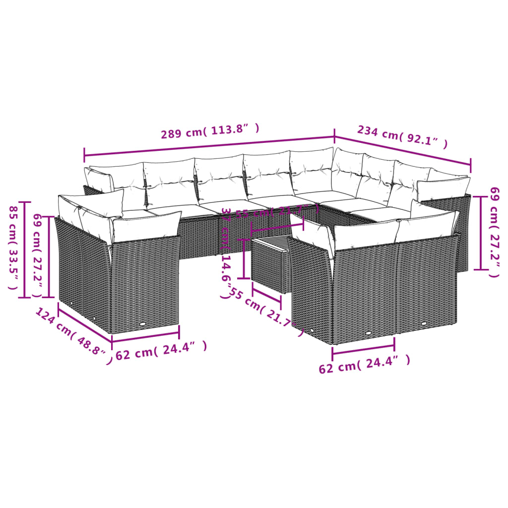 13-dijelni set vrtnih sofa s jastucima poliratan crni
