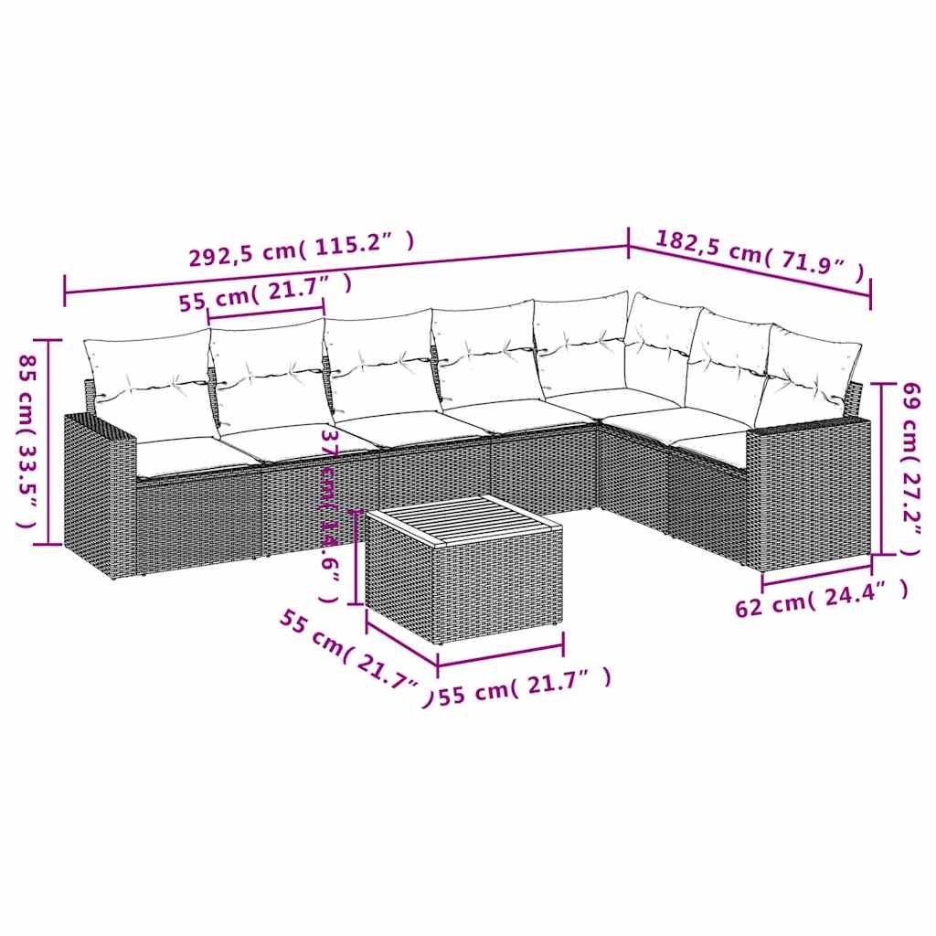 8-dijelni set vrtnih sofa od poliratana s jastucima crni