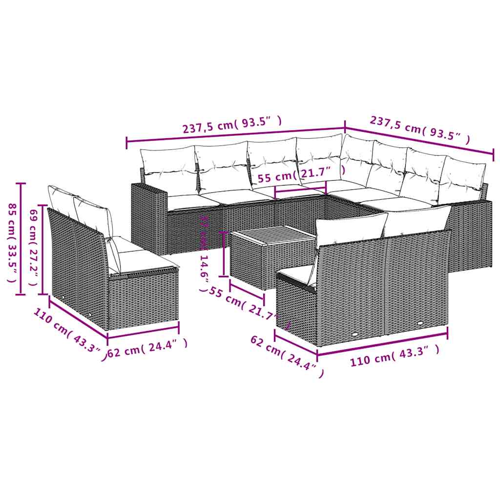 12-dijelni set vrtnih sofa s jastucima poliratan crni