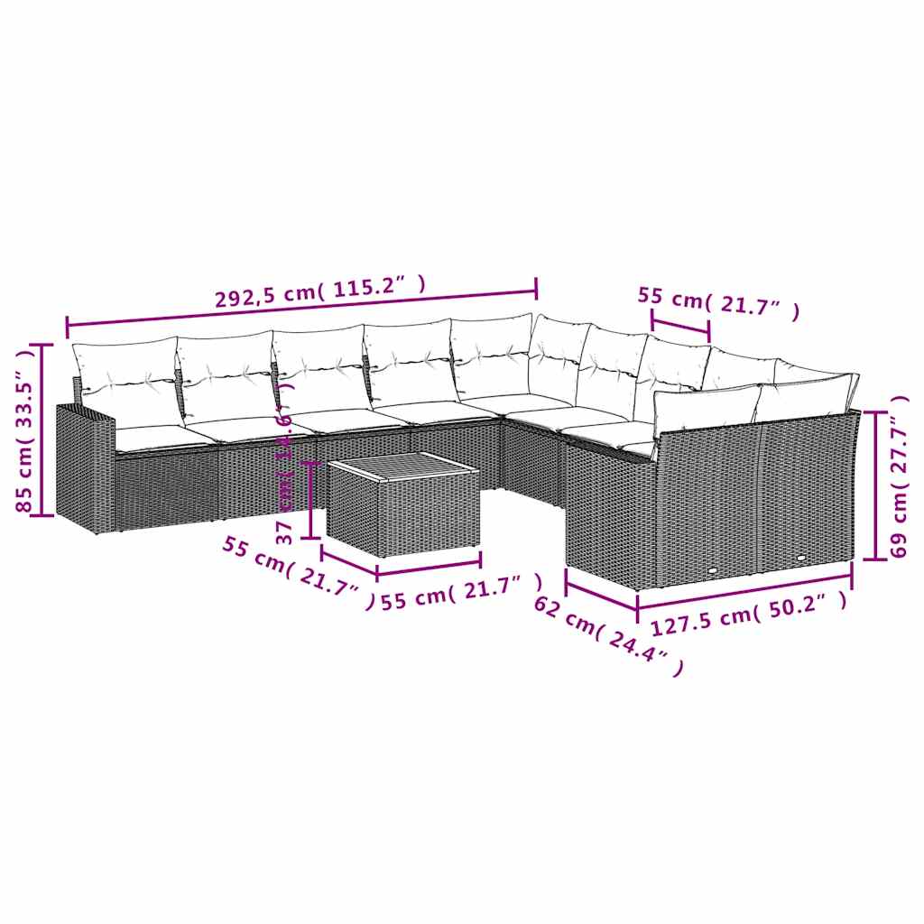 11-dijelni set vrtnih sofa od poliratana s jastucima crni Crna 65.5 x 62 x 69 cm