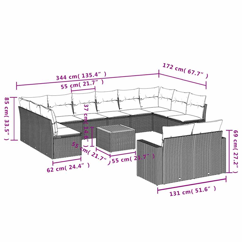 13-dijelni set vrtnih sofa s jastucima poliratan crni