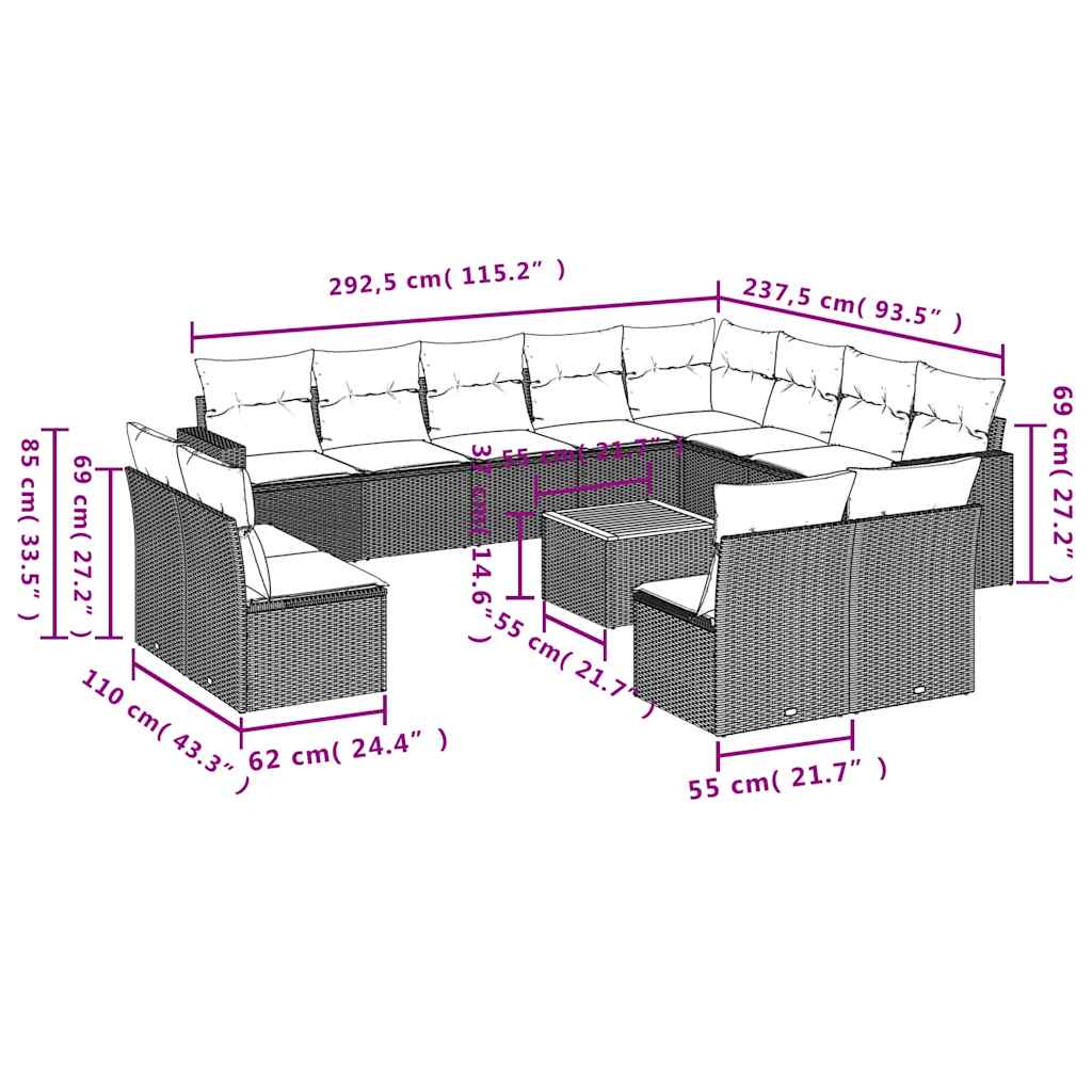 13-dijelni set vrtnih sofa s jastucima poliratan crni