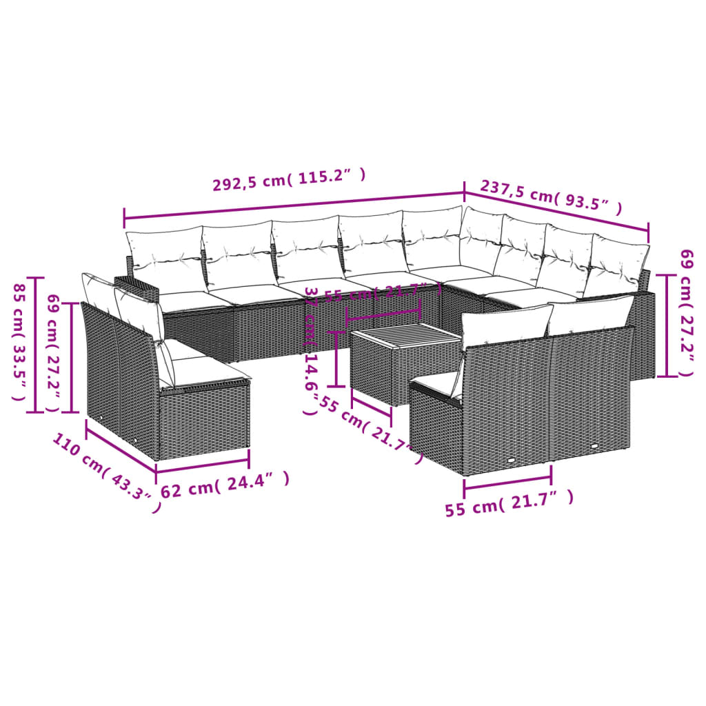 13-dijelni set vrtnih sofa od poliratana s jastucima sivi