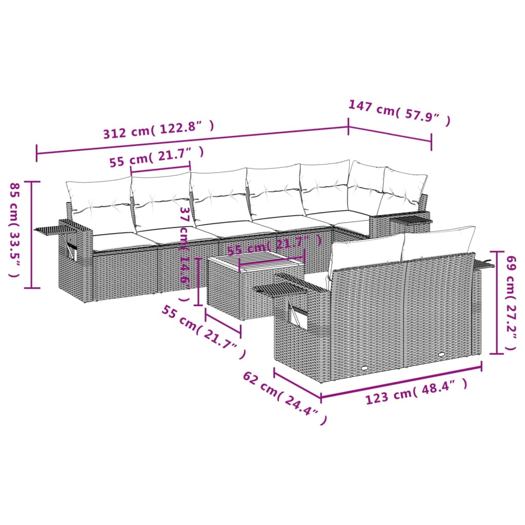 9-dijelni set vrtnih sofa s jastucima crni od poliratana