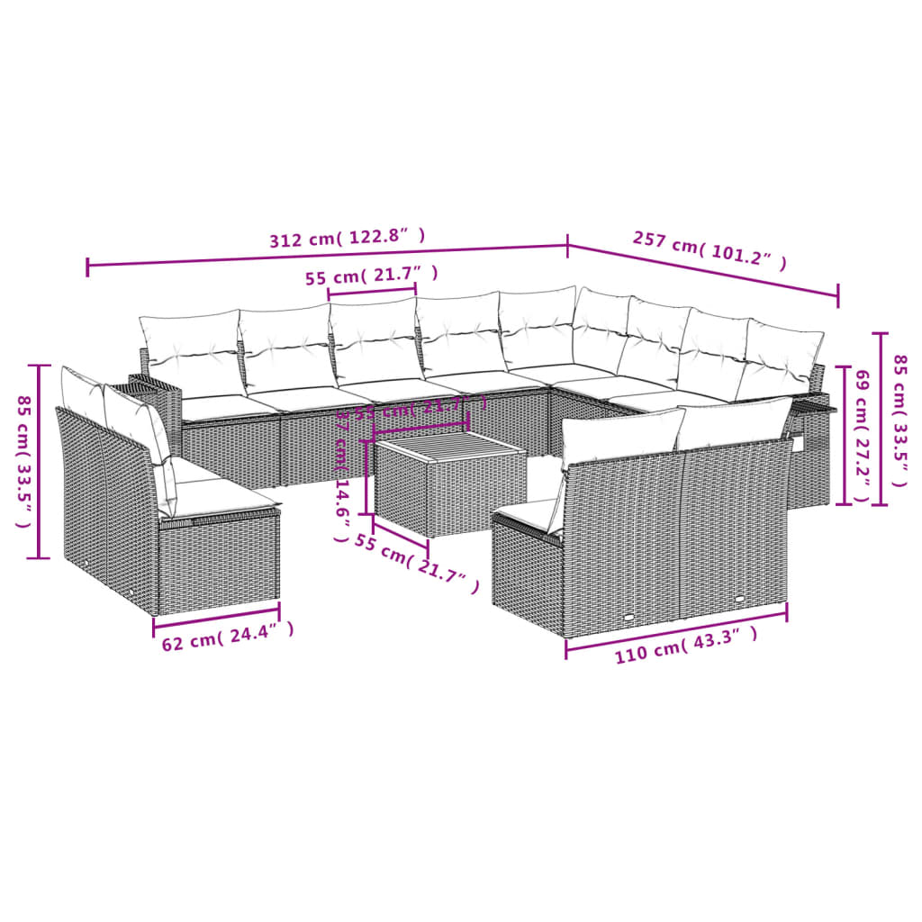 13-dijelni set vrtnih sofa s jastucima poliratan crni