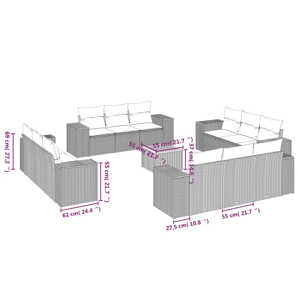 13-dijelni set vrtnih sofa od poliratana s jastucima sivi