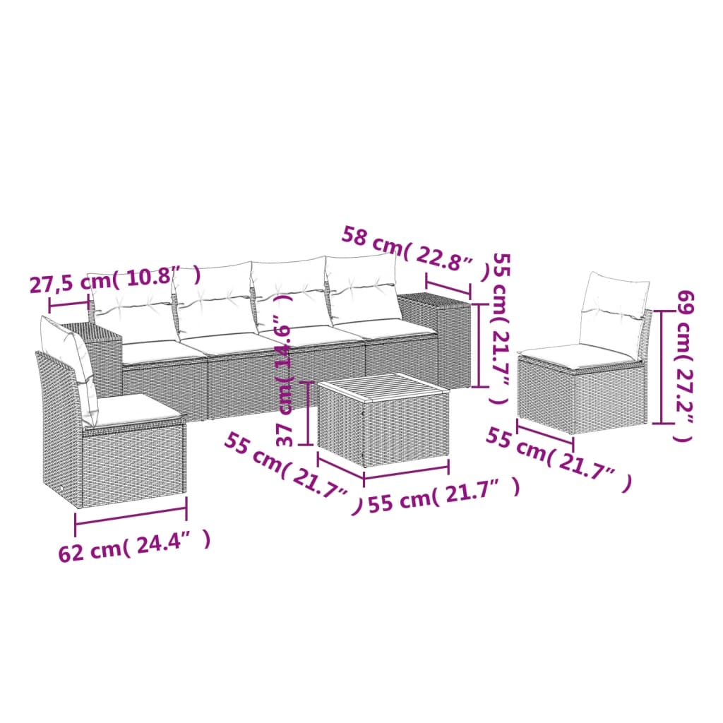 7-dijelni set vrtnih sofa od poliratana s jastucima crni
