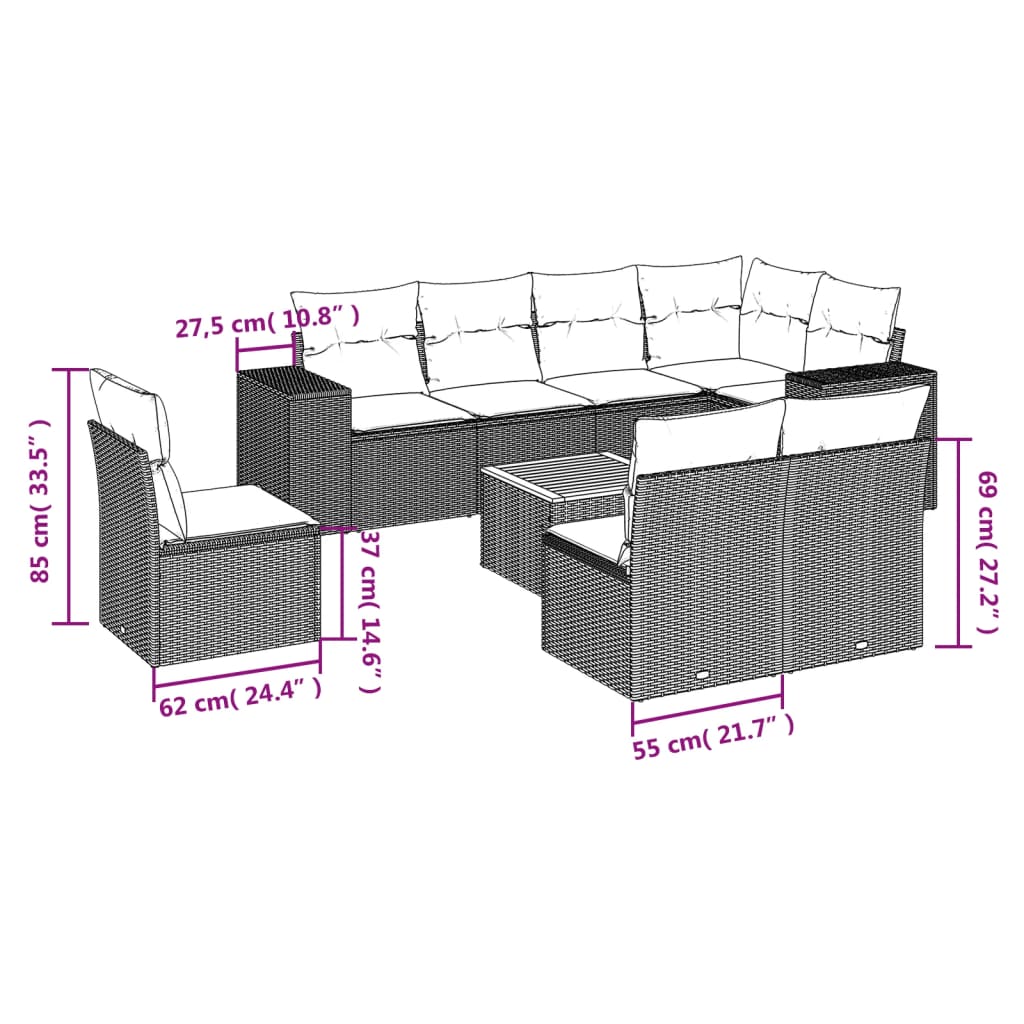 9-dijelni set vrtnih sofa od poliratana s jastucima sivi