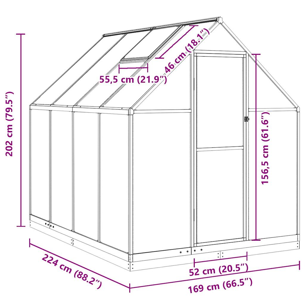 Staklenik s okvirom srebrni 224 x 169 x 202 cm aluminijski