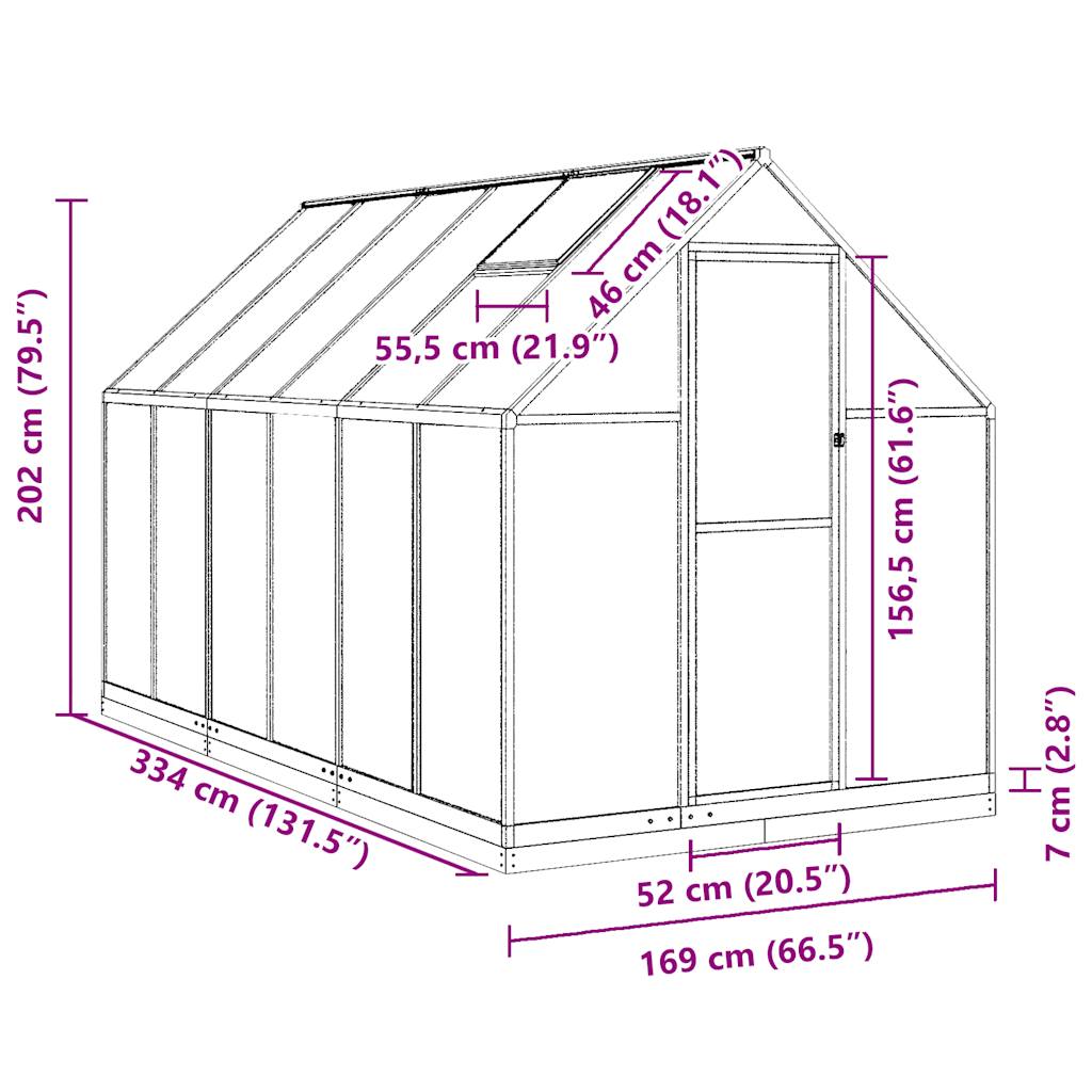 Staklenik s okvirom srebrni 334 x 169 x 202 cm aluminijski