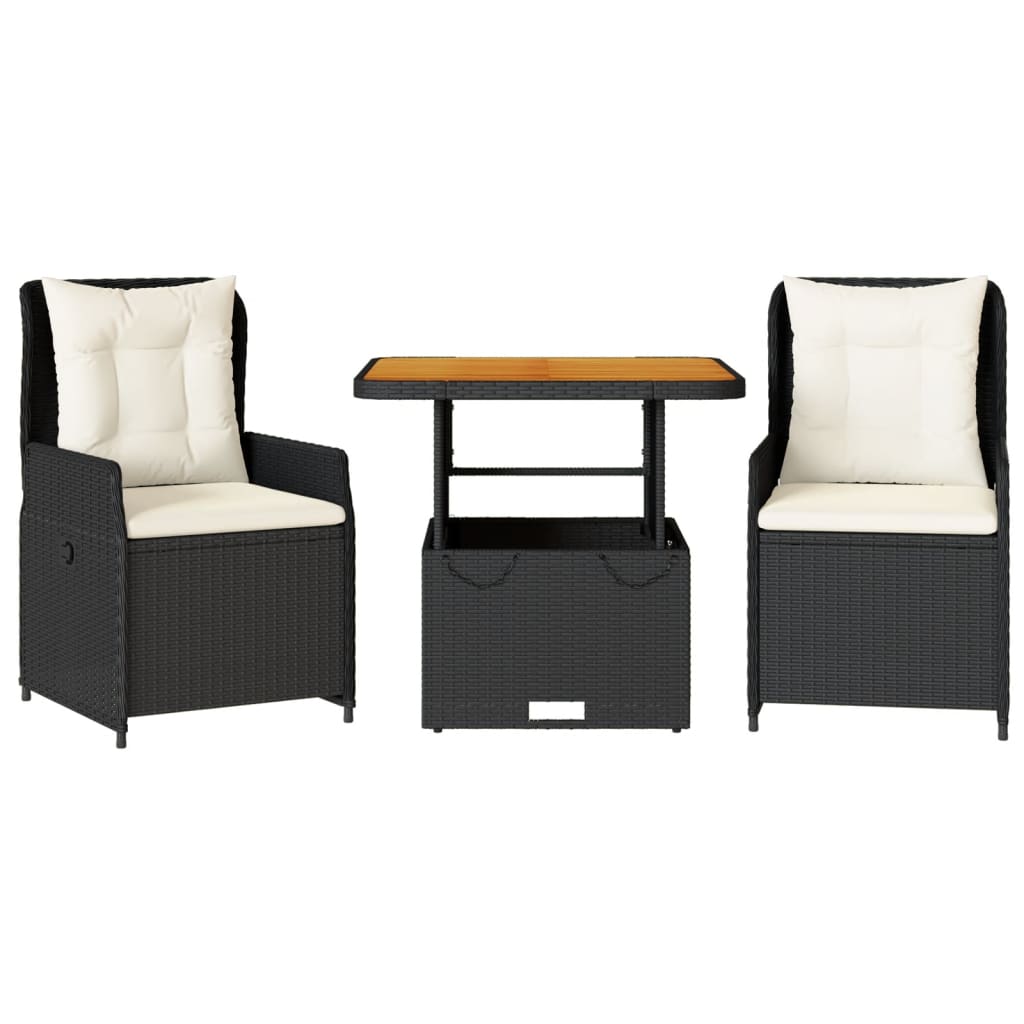 3-dijelni bistro set s jastucima crni od poliratana