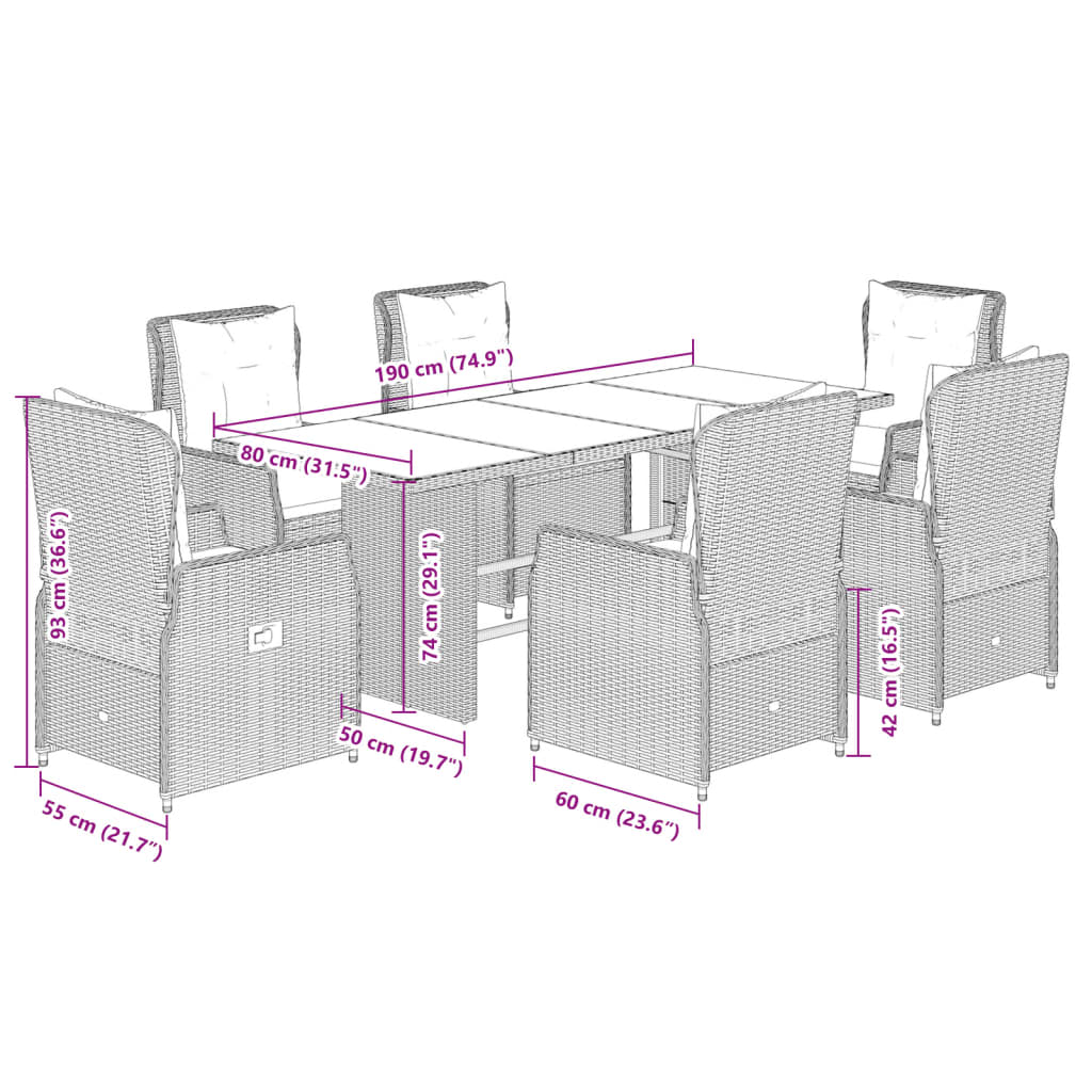 7-dijelni vrtni blagovaonski set od poliratana s jastucima bež