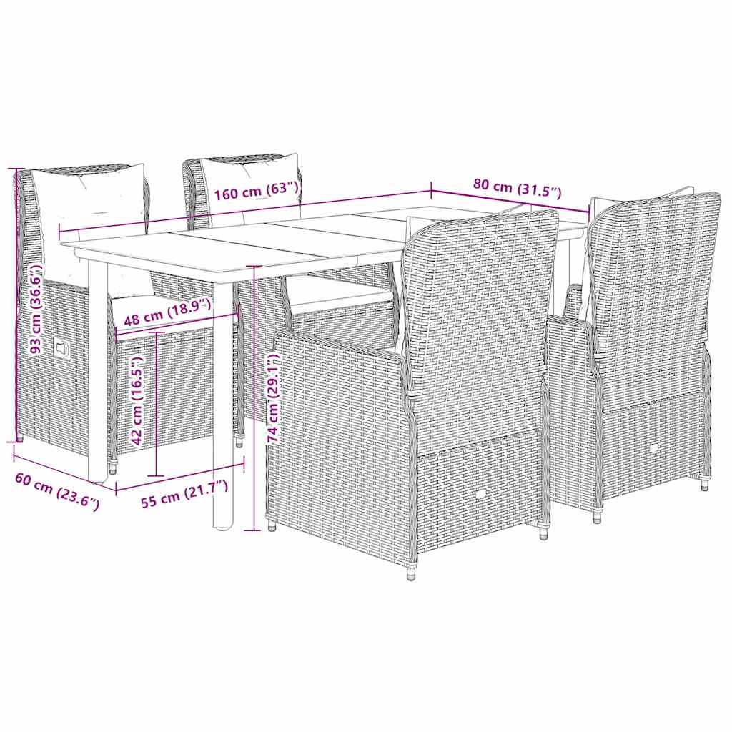 5-dijelni vrtni blagovaonski set s jastucima od poliratana crni Crna 160 x 80 x 74 cm
