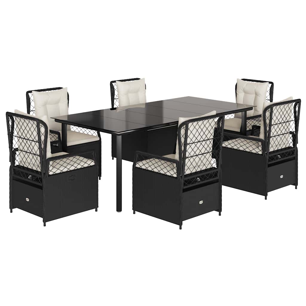 7-dijelni vrtni blagovaonski set s jastucima crni od poliratana Crna 200 x 100 x 74 cm