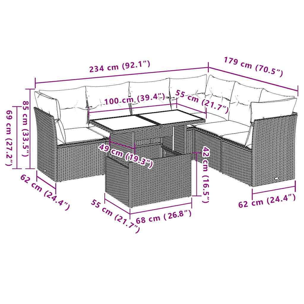 7-dijelni set vrtnih sofa od poliratana s jastucima crni Crna 100 x 55 x 73 cm