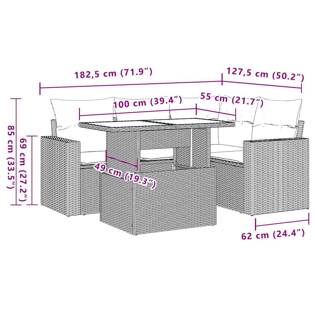 5-dijelna vrtna garnitura od poliratana s jastucima crna 100 x 55 x 73 cm