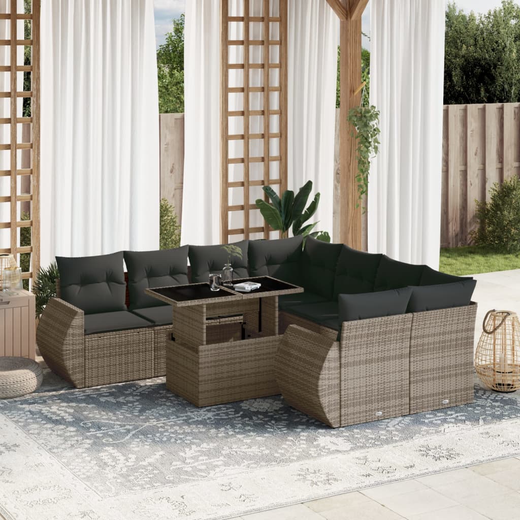 9-dijelni set vrtnih sofa od poliratana s jastucima sivi