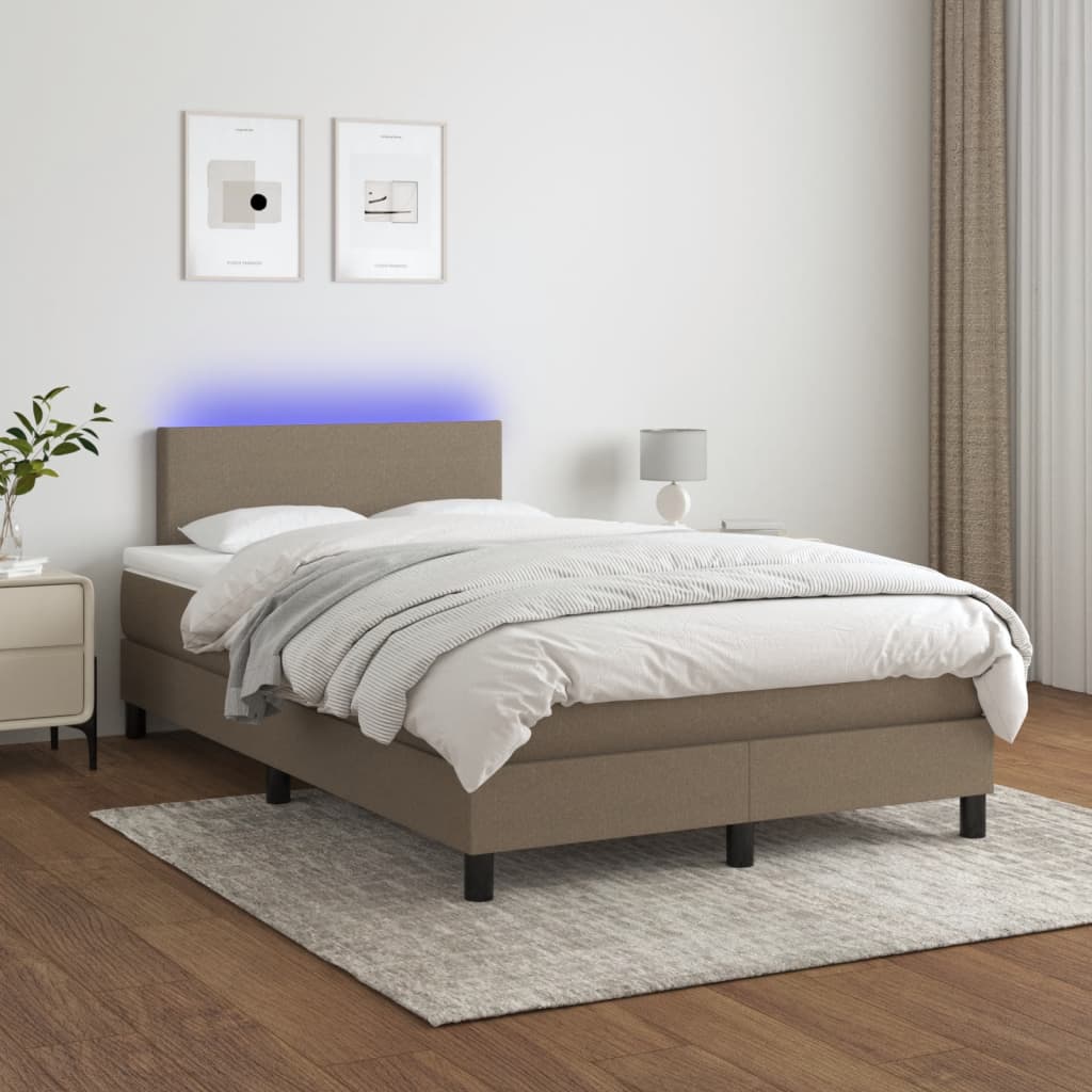 Krevet s oprugama i madracem LED smeđesivi 120x190cm od tkanine