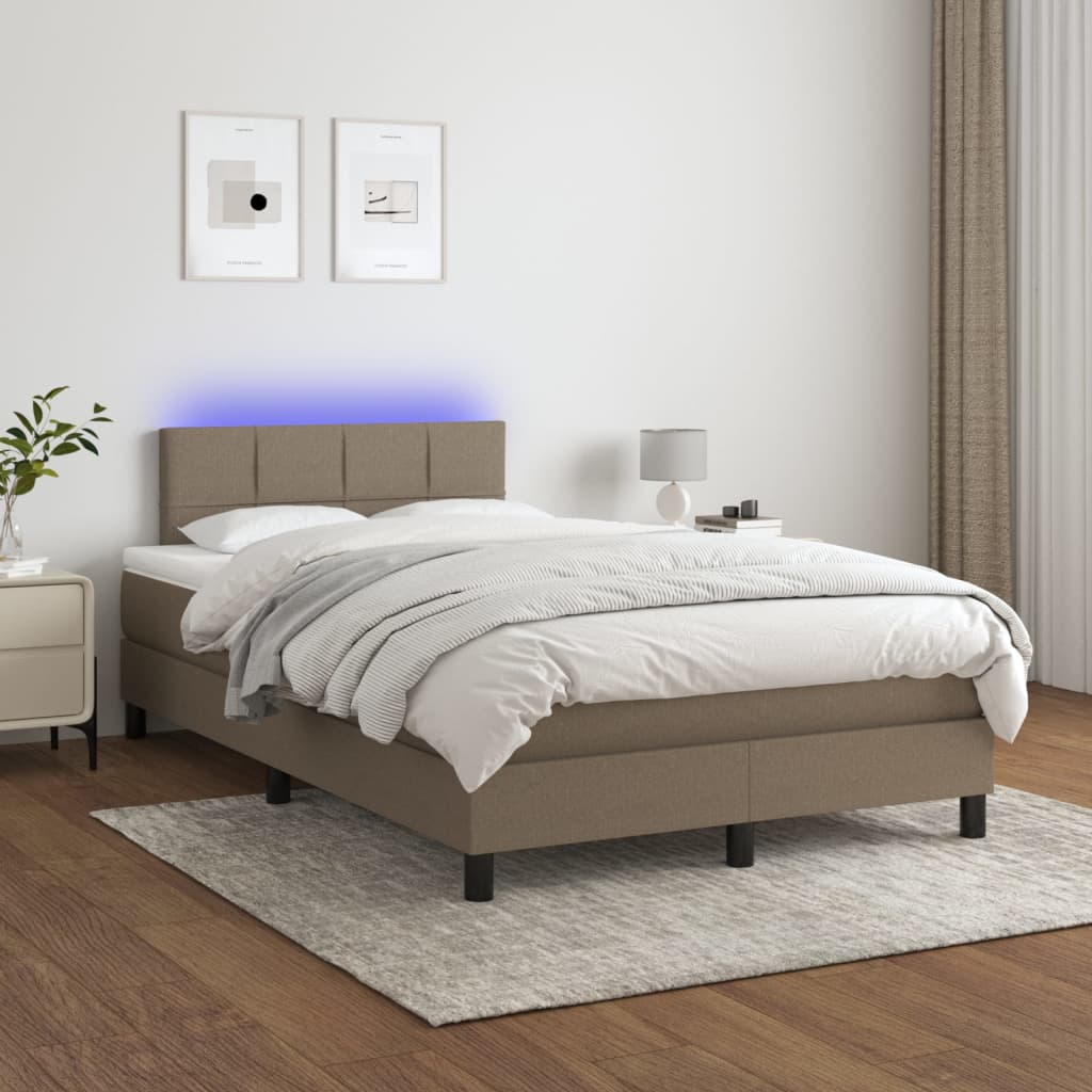 Krevet s oprugama i madracem LED smeđesivi 120x190cm od tkanine