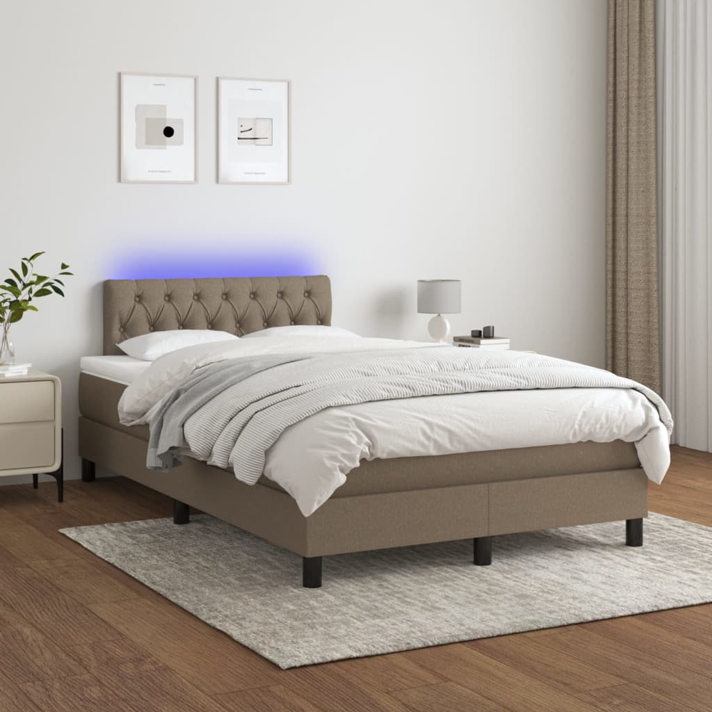 Krevet s oprugama i madracem LED smeđesivi 120x190cm od tkanine