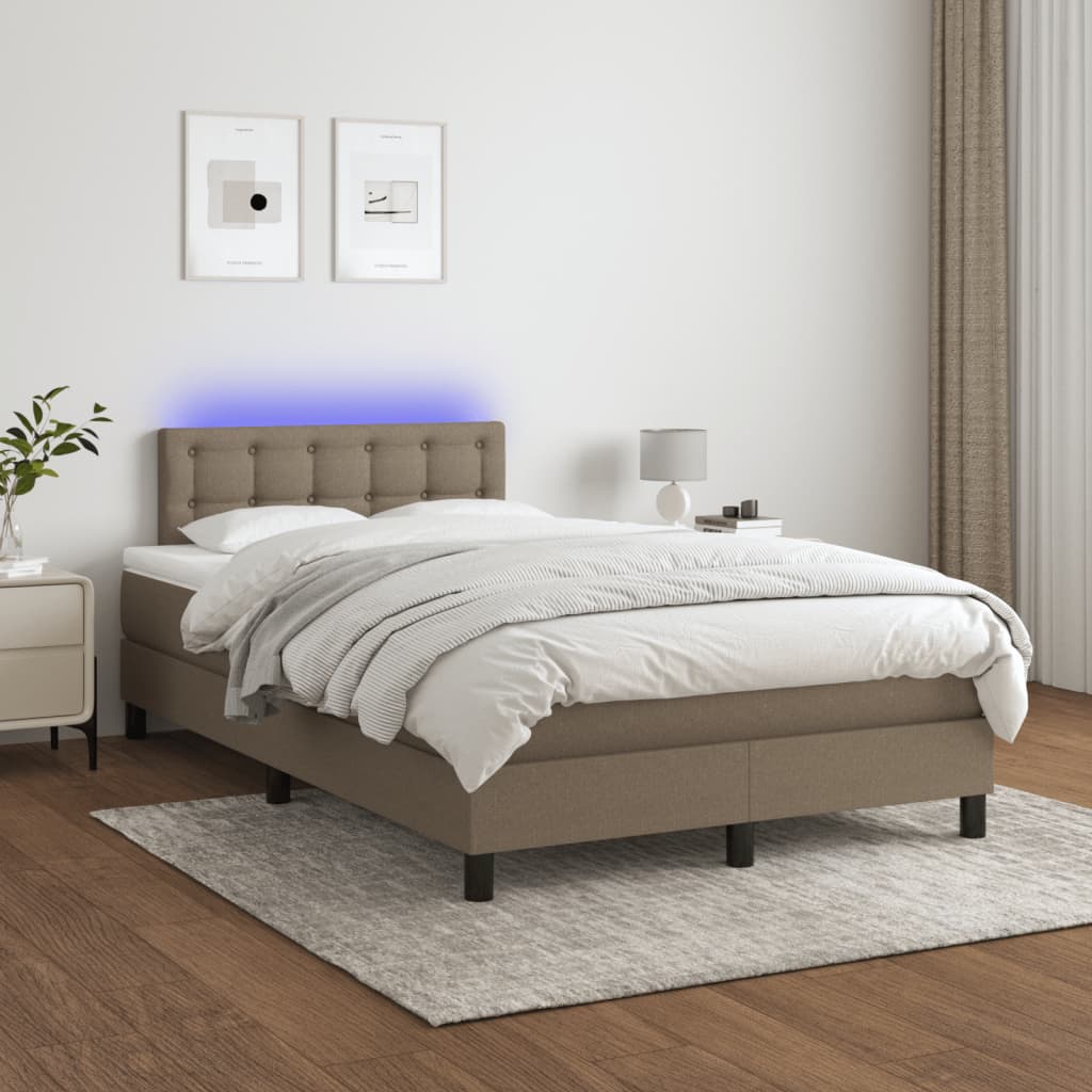Krevet s oprugama i madracem LED smeđesivi 120x190cm od tkanine