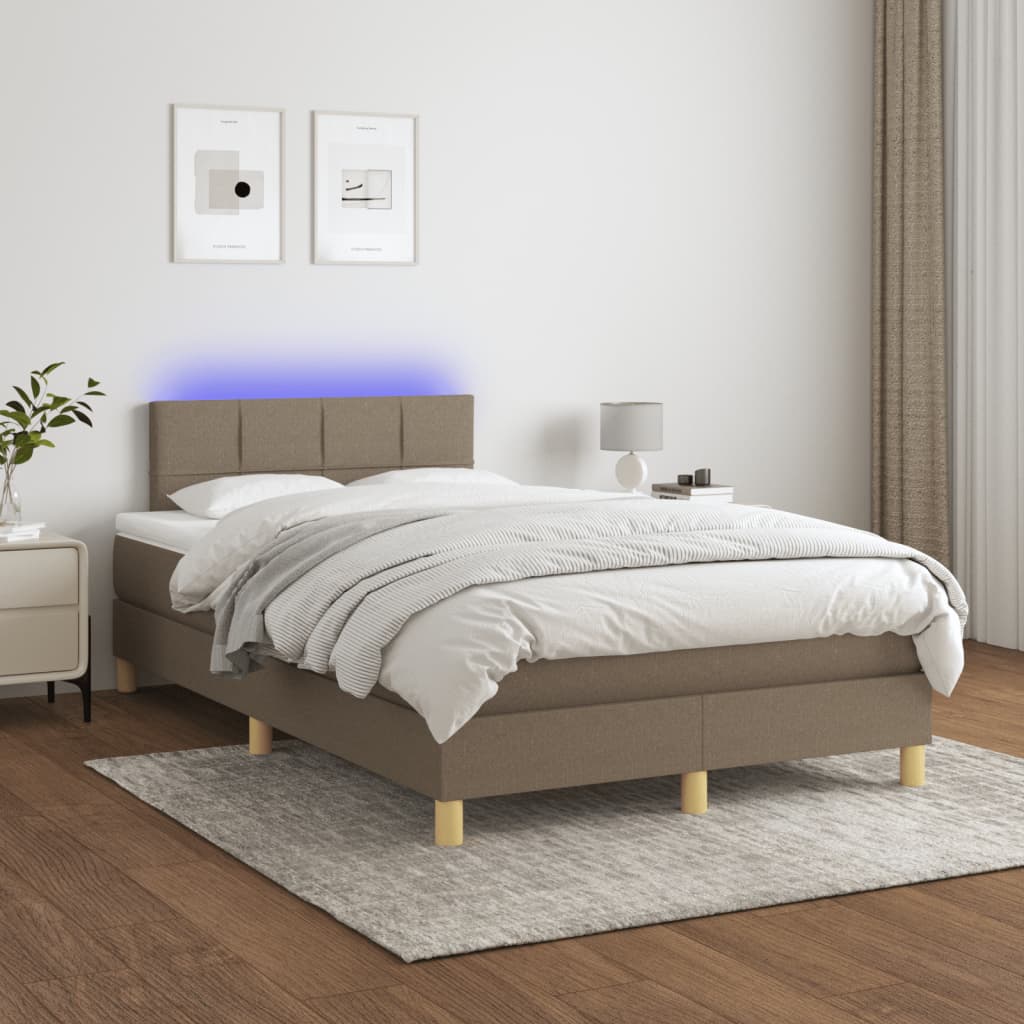 Krevet s oprugama i madracem LED smeđesivi 120x190cm od tkanine