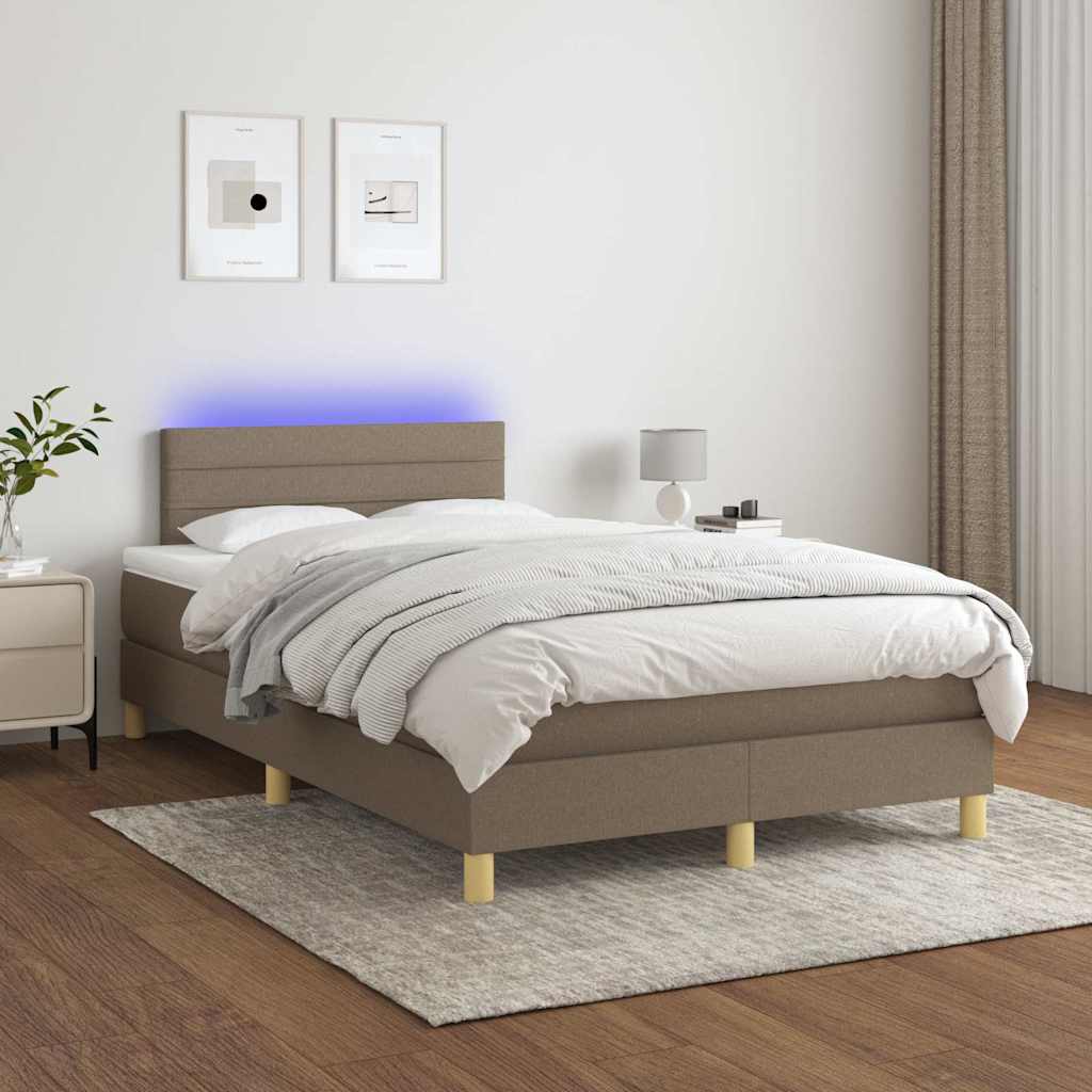 Krevet s oprugama i madracem LED smeđesivi 120x190cm od tkanine