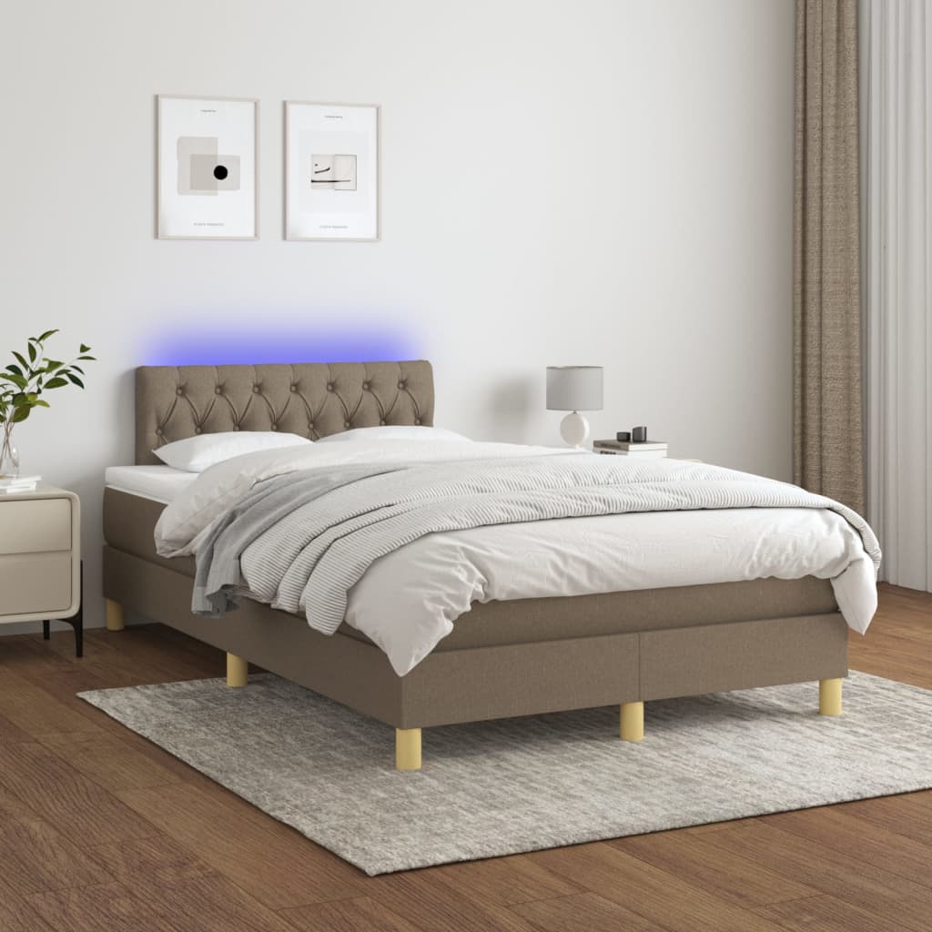 Krevet s oprugama i madracem LED smeđesivi 120x190cm od tkanine