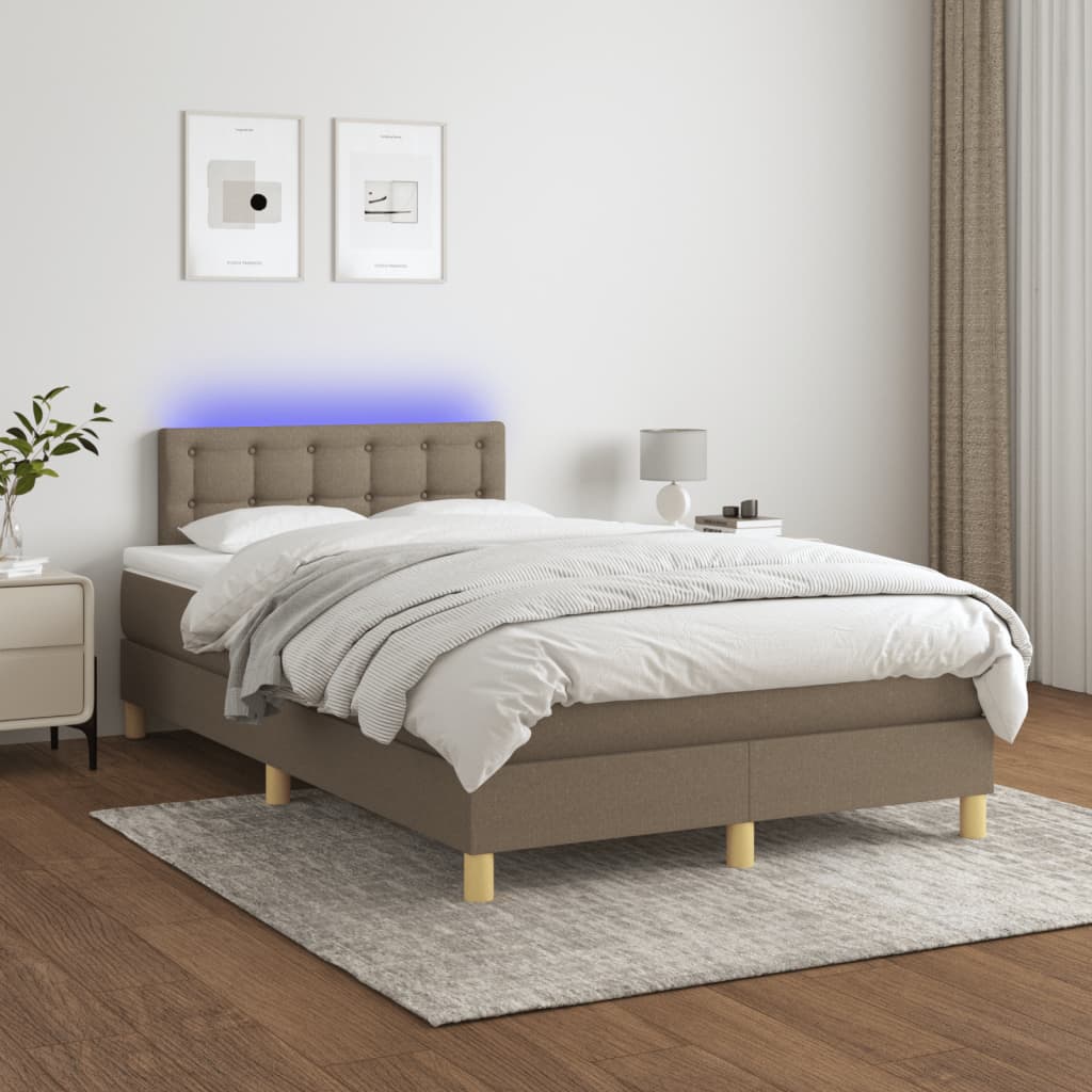 Krevet s oprugama i madracem LED smeđesivi 120x190cm od tkanine