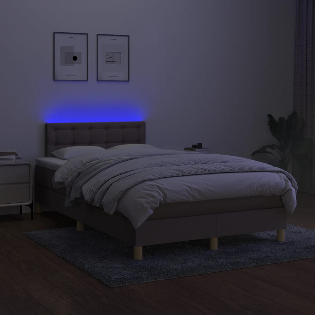 Krevet s oprugama i madracem LED smeđesivi 120x190cm od tkanine
