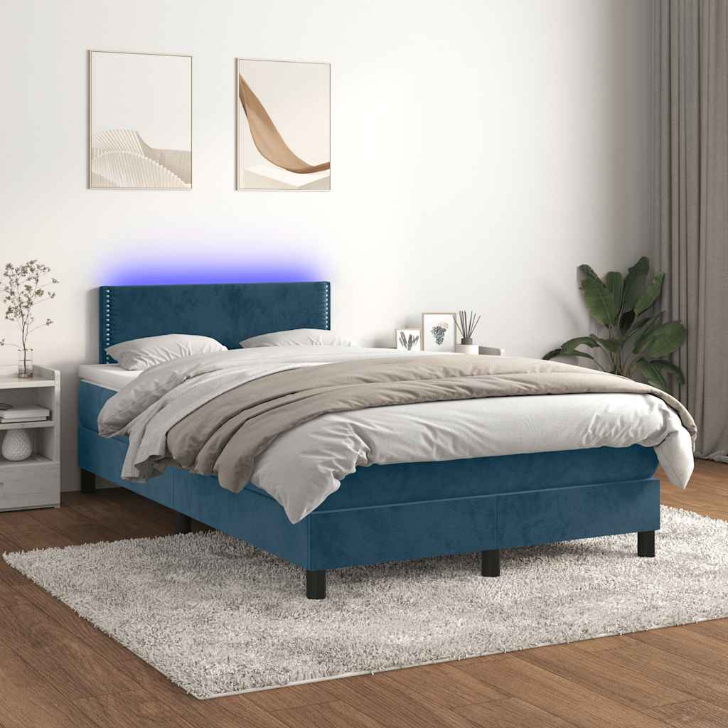 Krevet s oprugama i madracem LED tamnoplavi 120 x 190 cm baršun