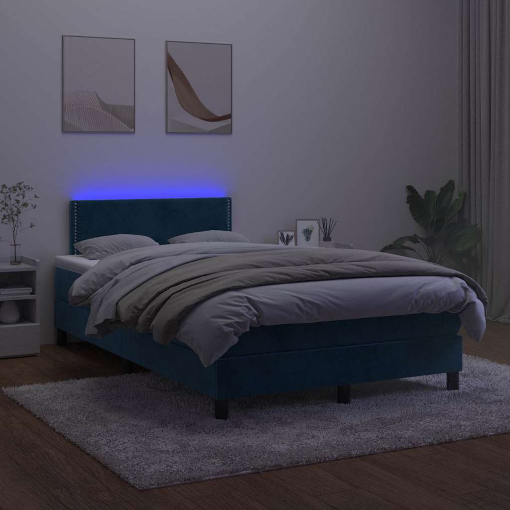 Krevet s oprugama i madracem LED tamnoplavi 120 x 190 cm baršun