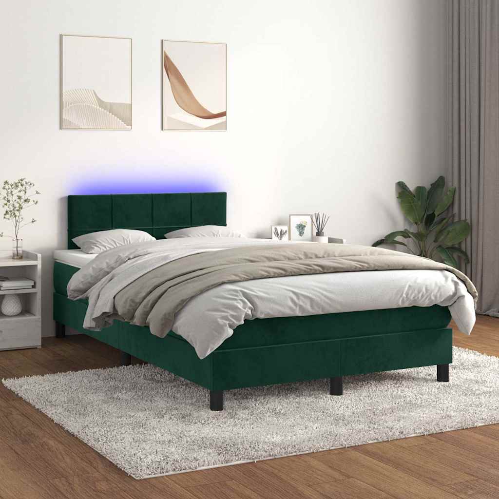 Krevet s oprugama i madracem LED tamnozelenim 120x190 cm baršun